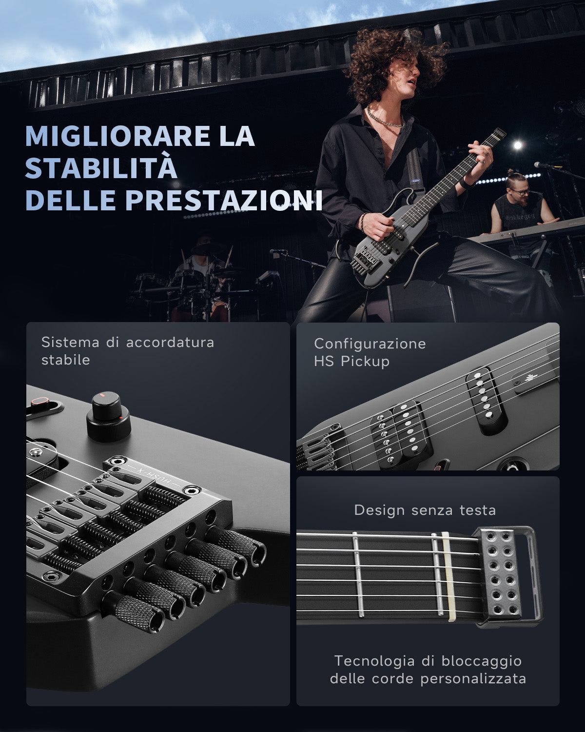 Donner HUSH™ X Chitarra elettrica ultraleggera senza testa-Nero##