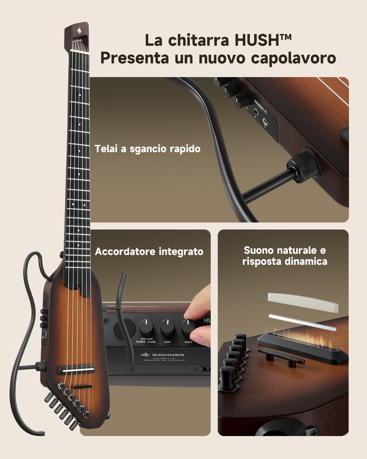 Donner HUSH™ C Chitarra classica con corde di nylon da viaggio-Marrone##