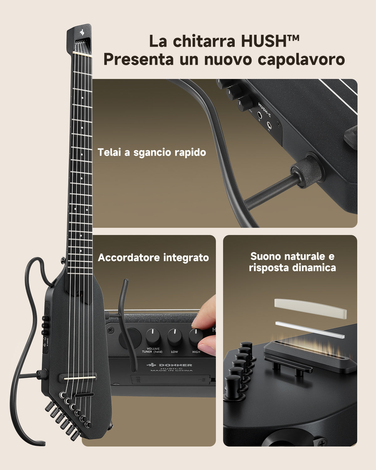 Donner HUSH™ C Chitarra classica con corde di nylon da viaggio-Nero##