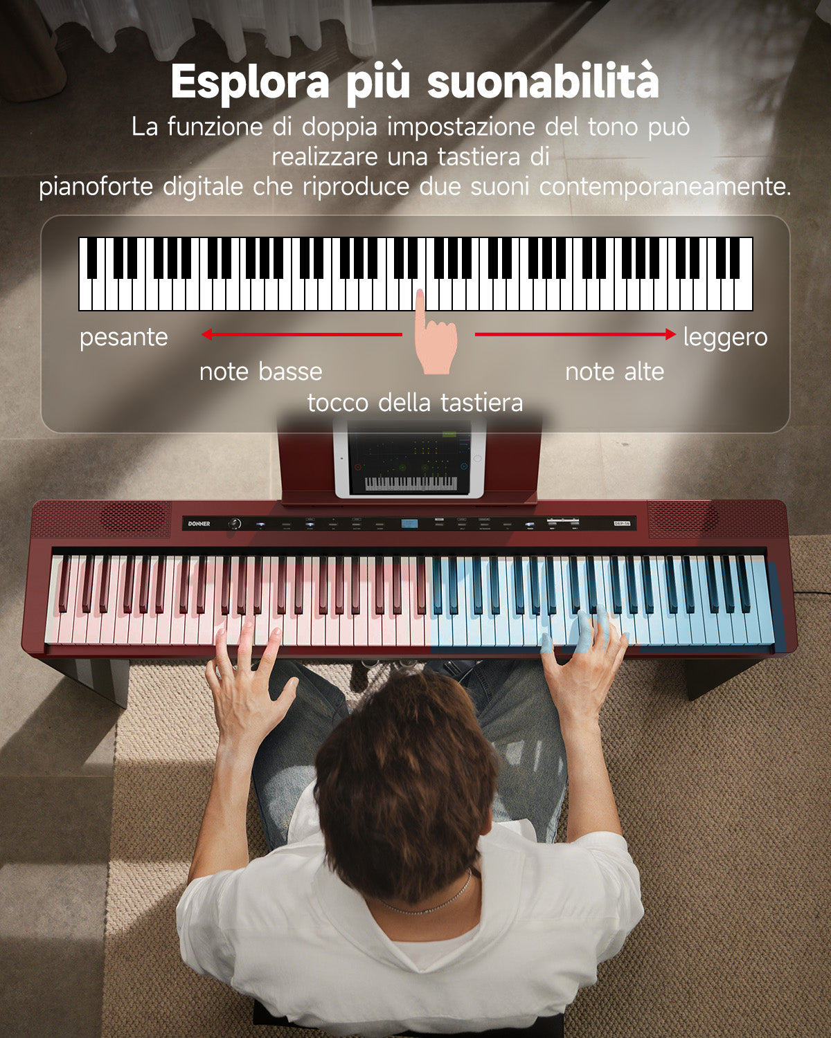 Donner DEP-16S Pianoforte digitale in acciaio pesato-Rosso##