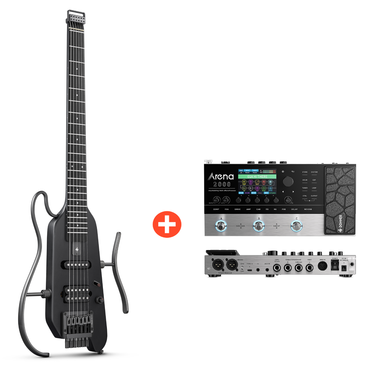 Donner HUSH™ X Chitarra elettrica ultraleggera senza testa-Nero##