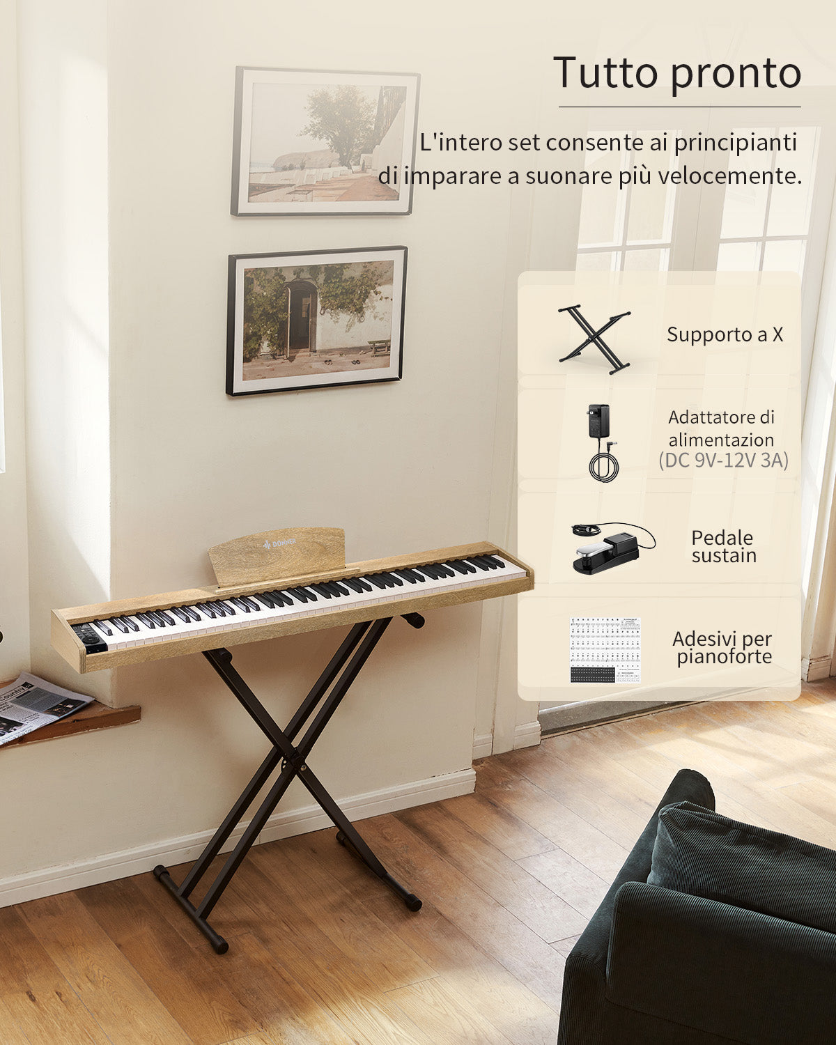 Donner DEP-1S Pianoforte digitale in semi-pesato-Legno Chiaro##