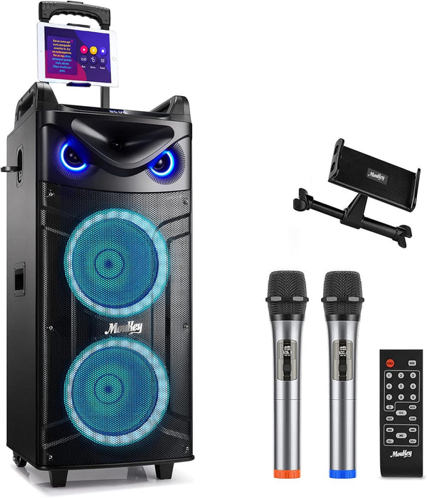 Moukey Casse Karaoke, Sistema PA a doppio woofer con 2 Microfoni wireless, Luci da discoteca, Regolazione di eco/alti/bassi, Altoparlante portatile Bluetooth Supporto TWS/REC/AUX/MP3/USB/TF/FM