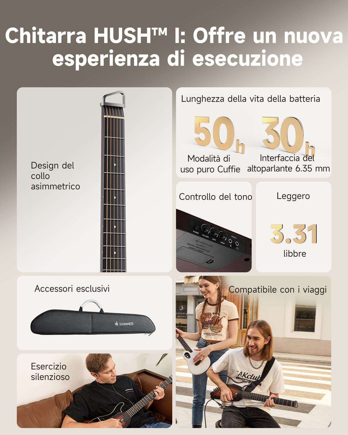 Donner HUSH™ I Chitarra da viaggio ultraleggera e portatile-Sunburst##