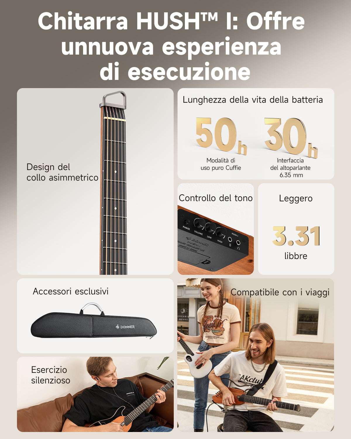 Donner HUSH™ I Chitarra da viaggio ultraleggera e portatile-Mogano##