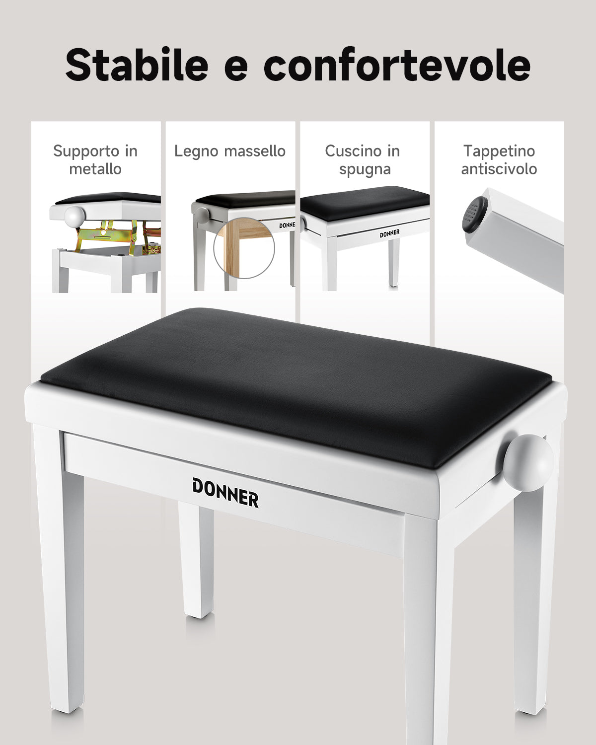 Donner Sgabello per pianoforte regolabile in altezza, bianco opaco