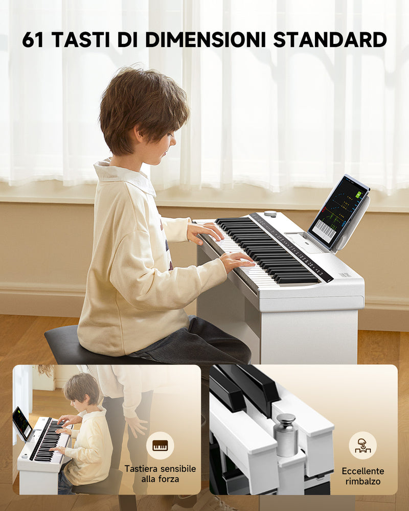 Tastiera elettronica Donner Pianoforte 61 tasti, indicatore luminoso di guida progettato per i principianti, con supporto per pianoforte staccabile, leggio, DK-10S Bianco