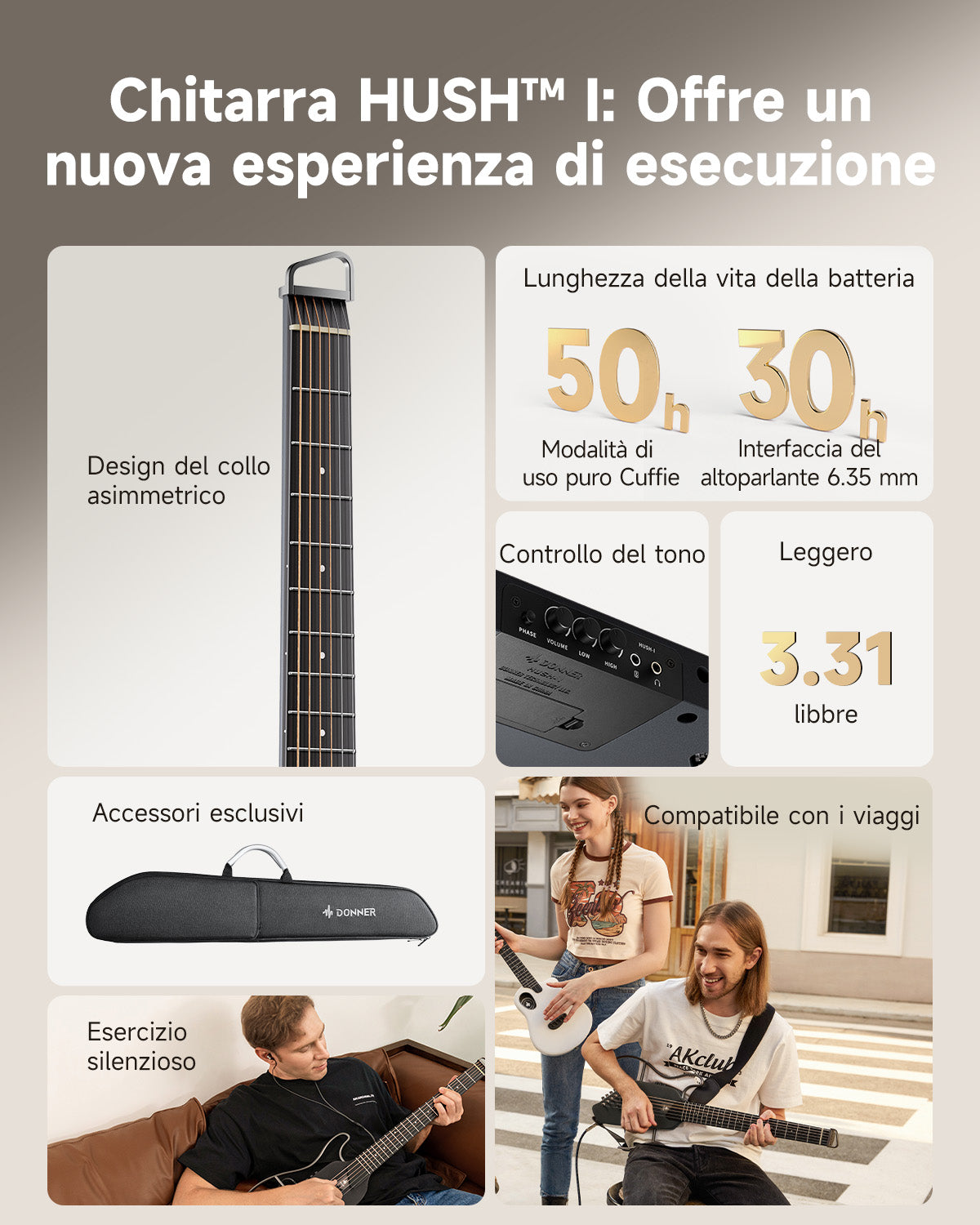 Donner HUSH™ I Chitarra da viaggio ultraleggera e portatile-Nero##