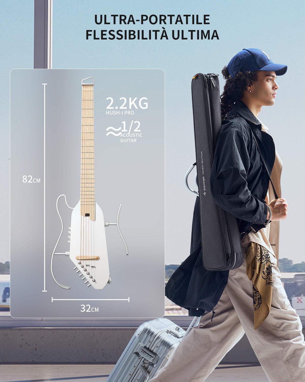 Donner HUSH-I Pro Chitarra Modalità di suono multiple Chitarra da viaggio-Bianco##