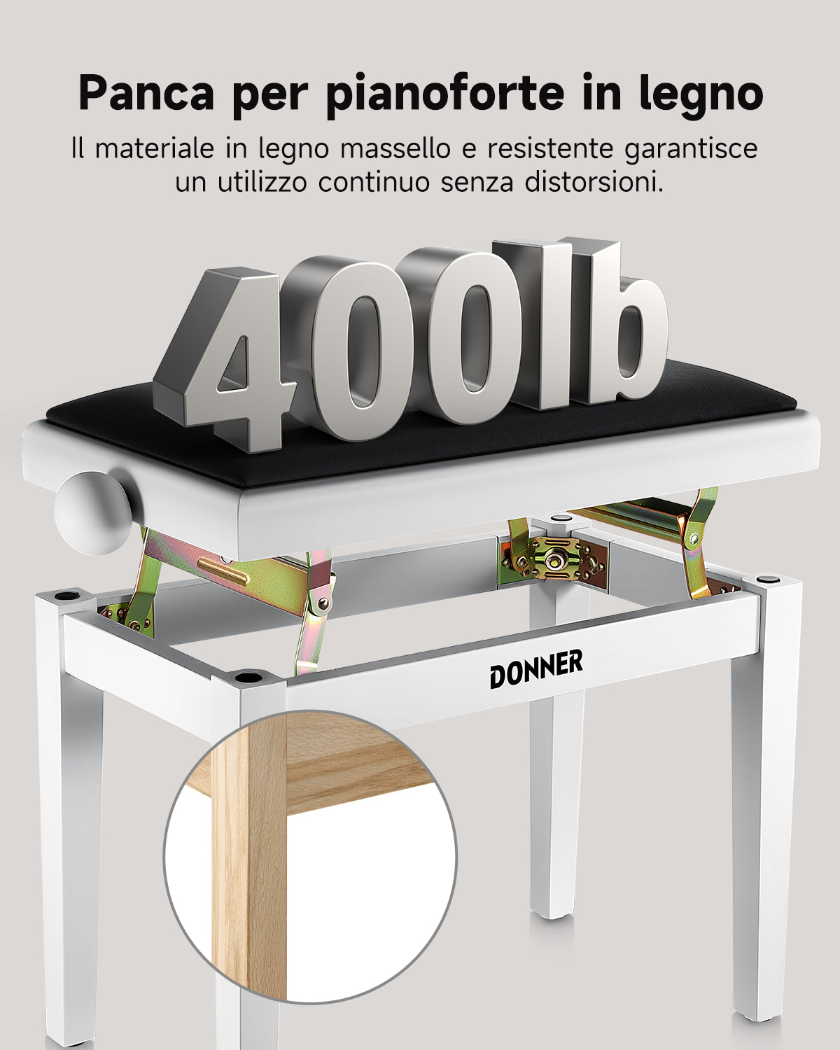 Donner Sgabello per pianoforte regolabile in altezza, bianco opaco