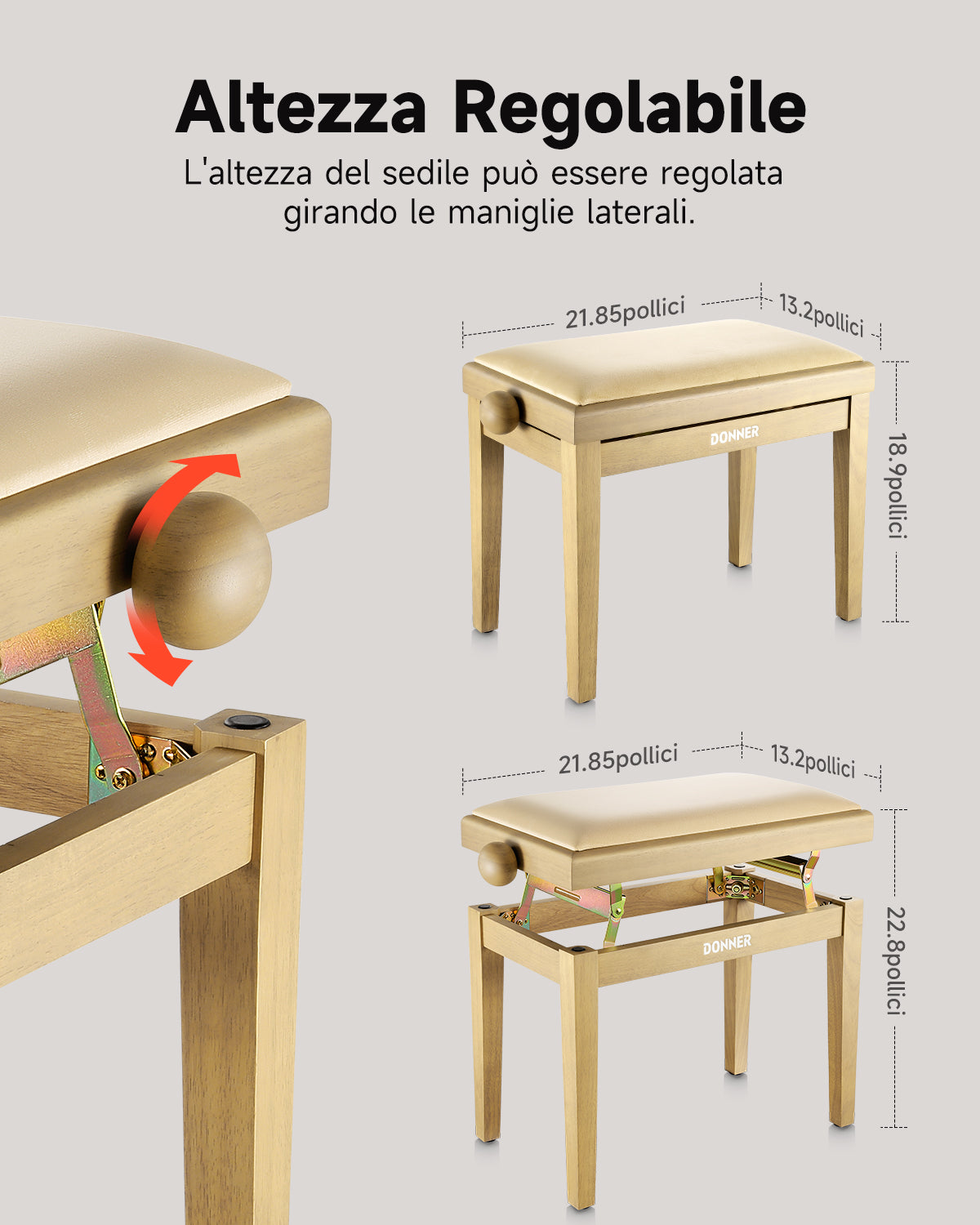 Donner Sgabello per pianoforte regolabile in altezza，beige opaco