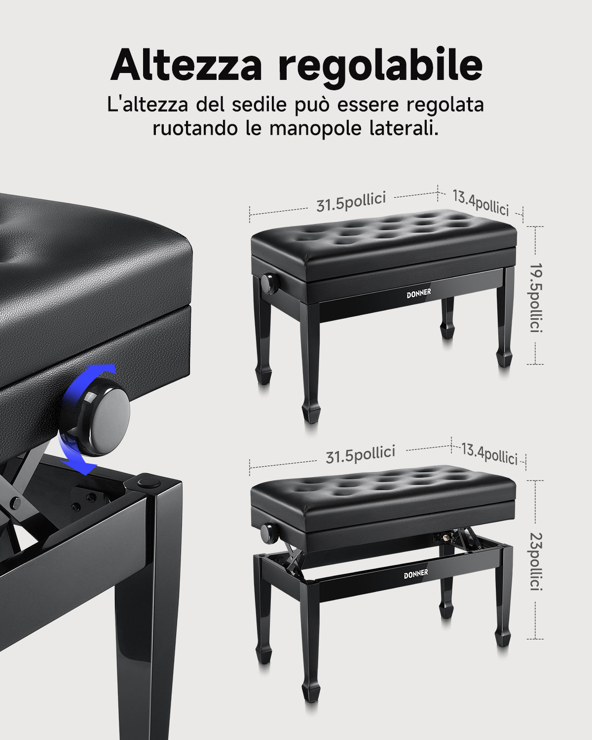 Donner Panca per pianoforte a due posti regolabile in altezza