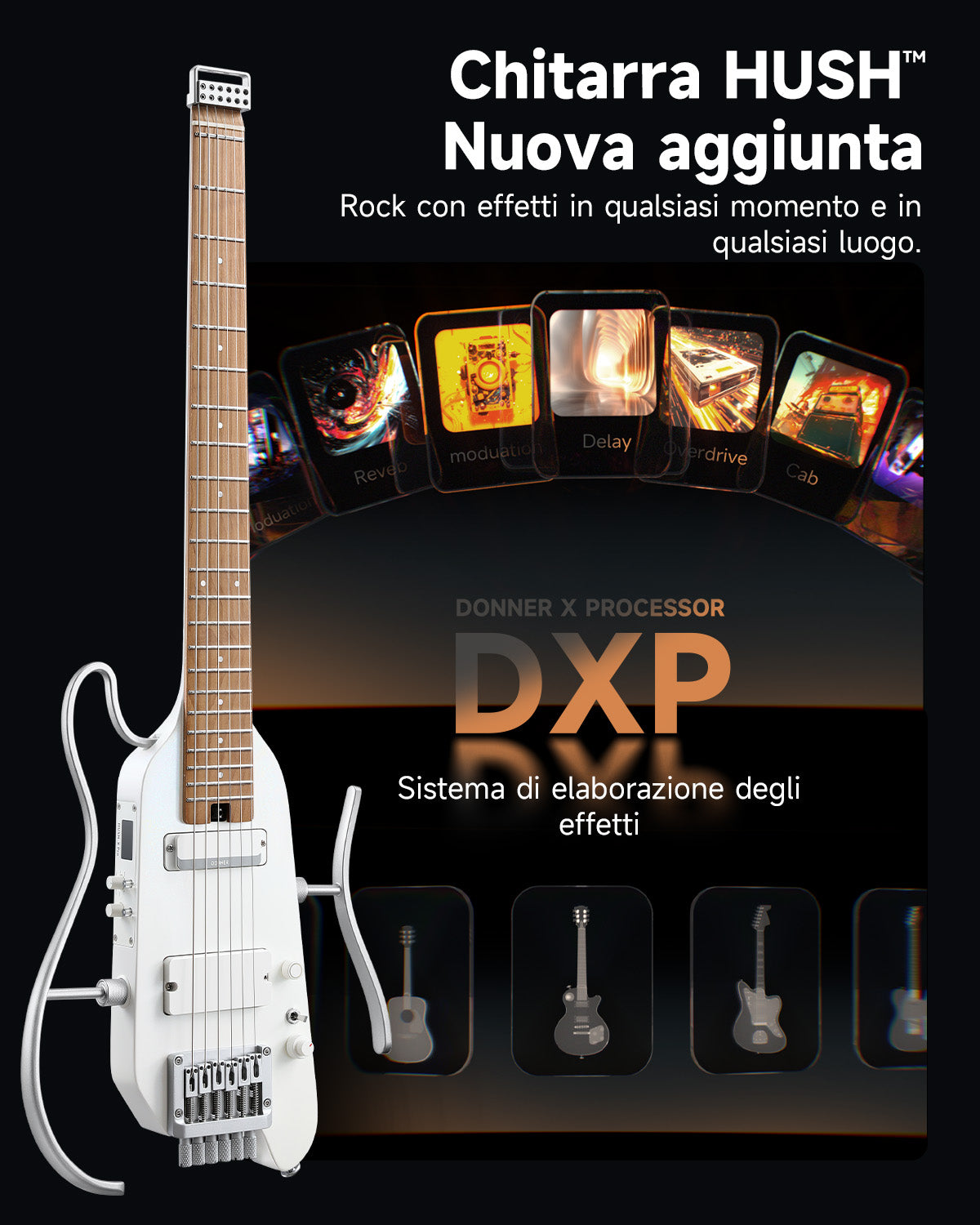 Donner HUSH™ X PRO Chitarra da viaggio versatile-Bianco##
