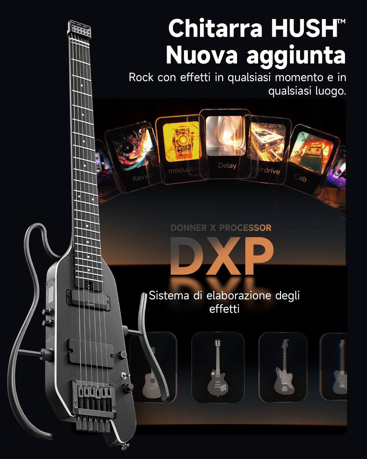 Donner HUSH™ X PRO Chitarra da viaggio versatile-Nero##