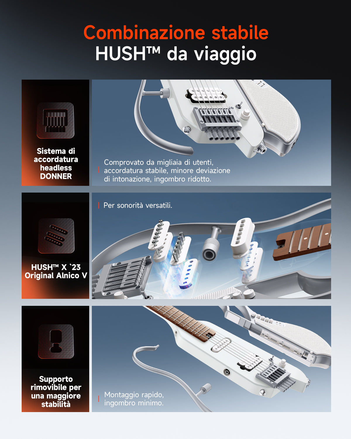 Donner HUSH X LIVE Chitarra da viaggio  (disponibile anche in edizione MIYAVI)