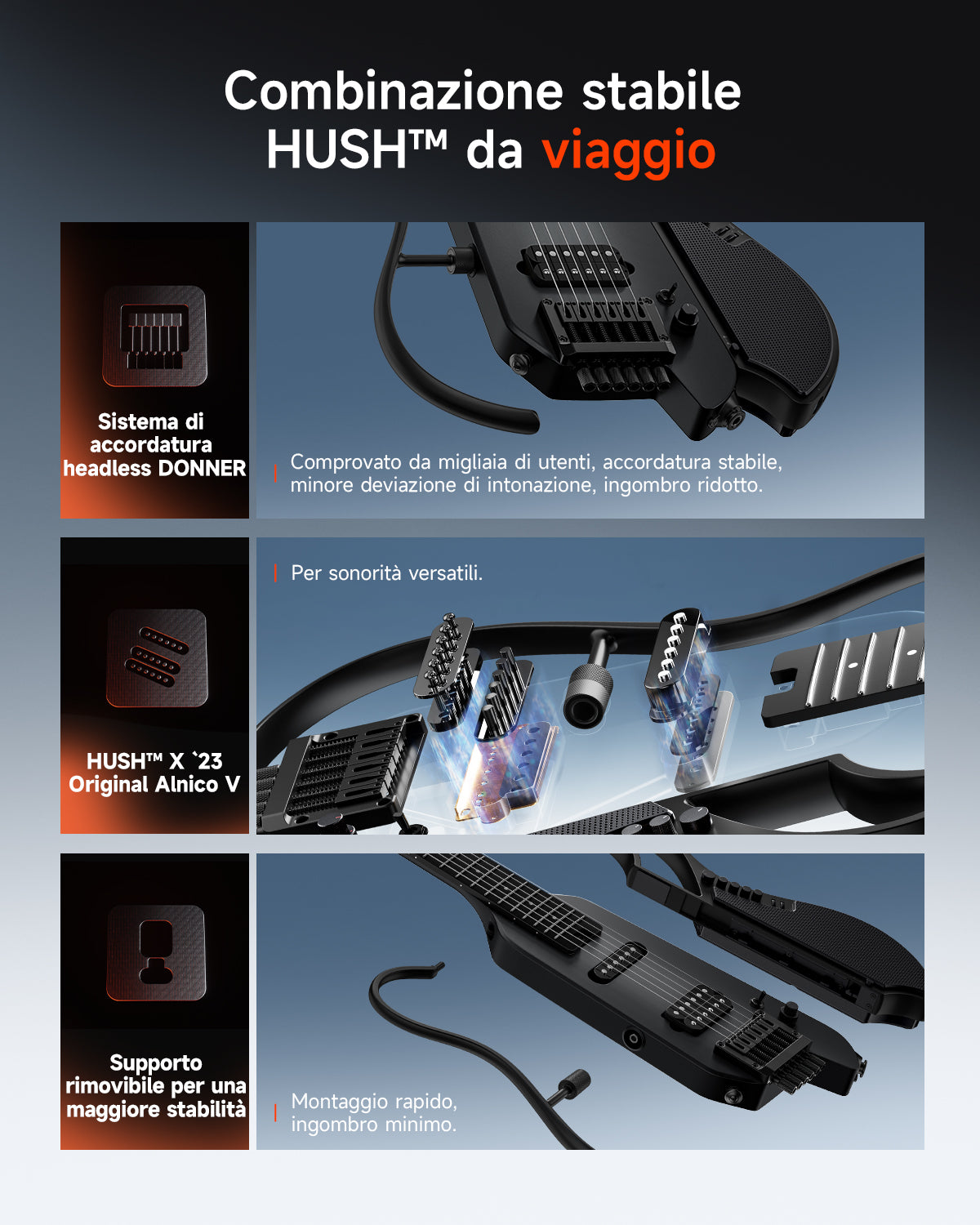 Donner HUSH X LIVE Chitarra da viaggio  (disponibile anche in edizione MIYAVI)