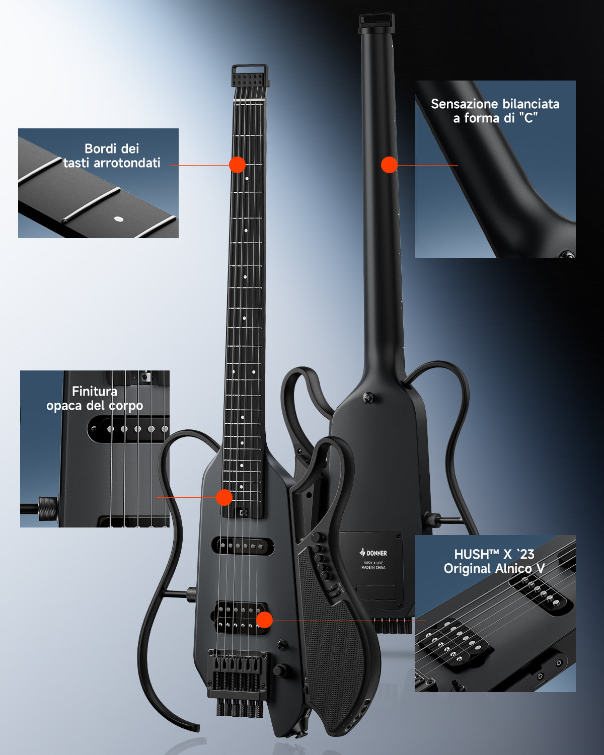 Donner HUSH X LIVE Chitarra da viaggio  (disponibile anche in edizione MIYAVI)