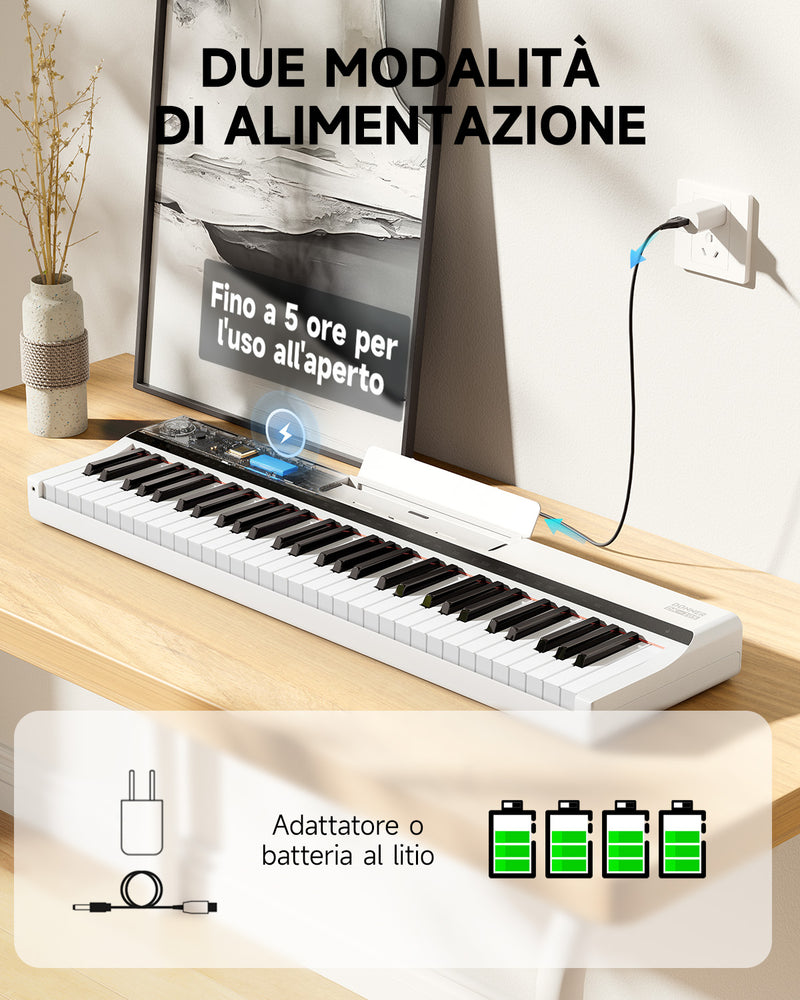 Tastiera elettronica Donner Pianoforte 61 tasti, indicatore luminoso di guida progettato per i principianti, con supporto per pianoforte staccabile, leggio, DK-10S Bianco