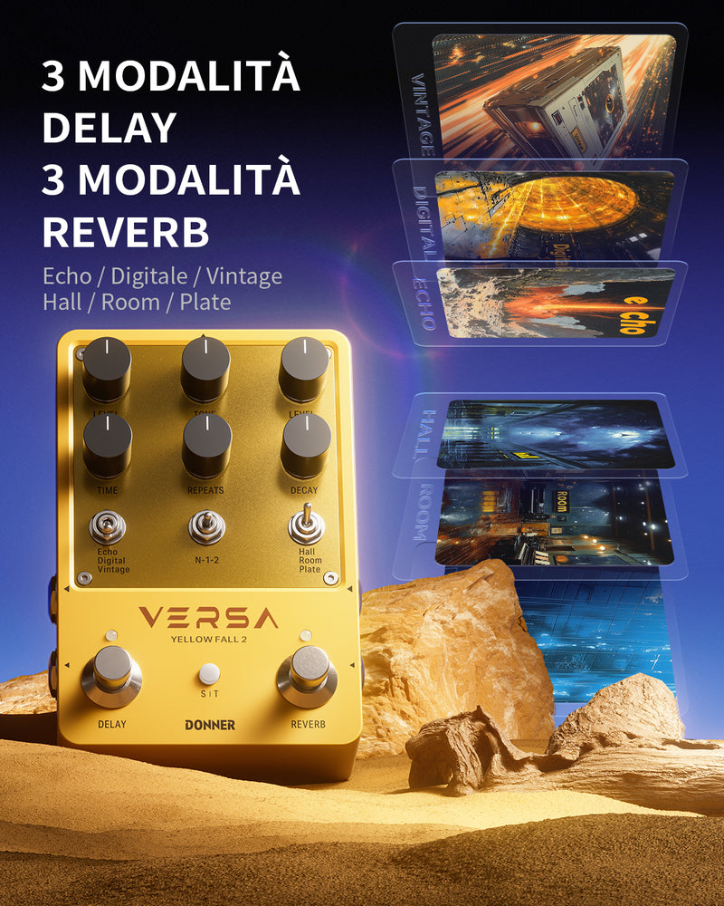 Donner Versa - Yellow Fall II 3x3 Reverb-Delay Combo Pedale per chitarra con Tap Tempo