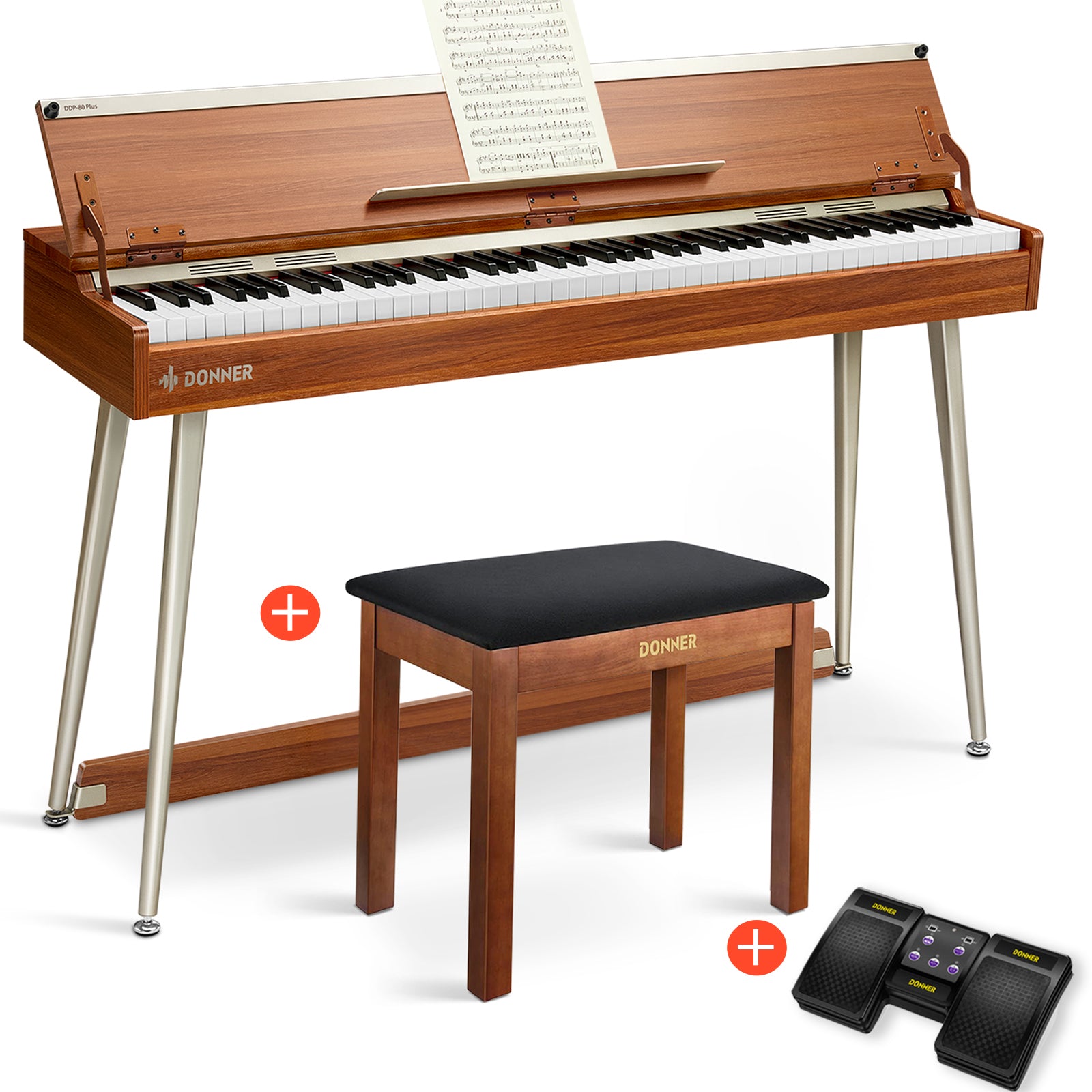 Donner DDP-80 PLUS Pianoforte digitale con coperchio semiaperto-Pianoforte + sedia marrone + girapagine##