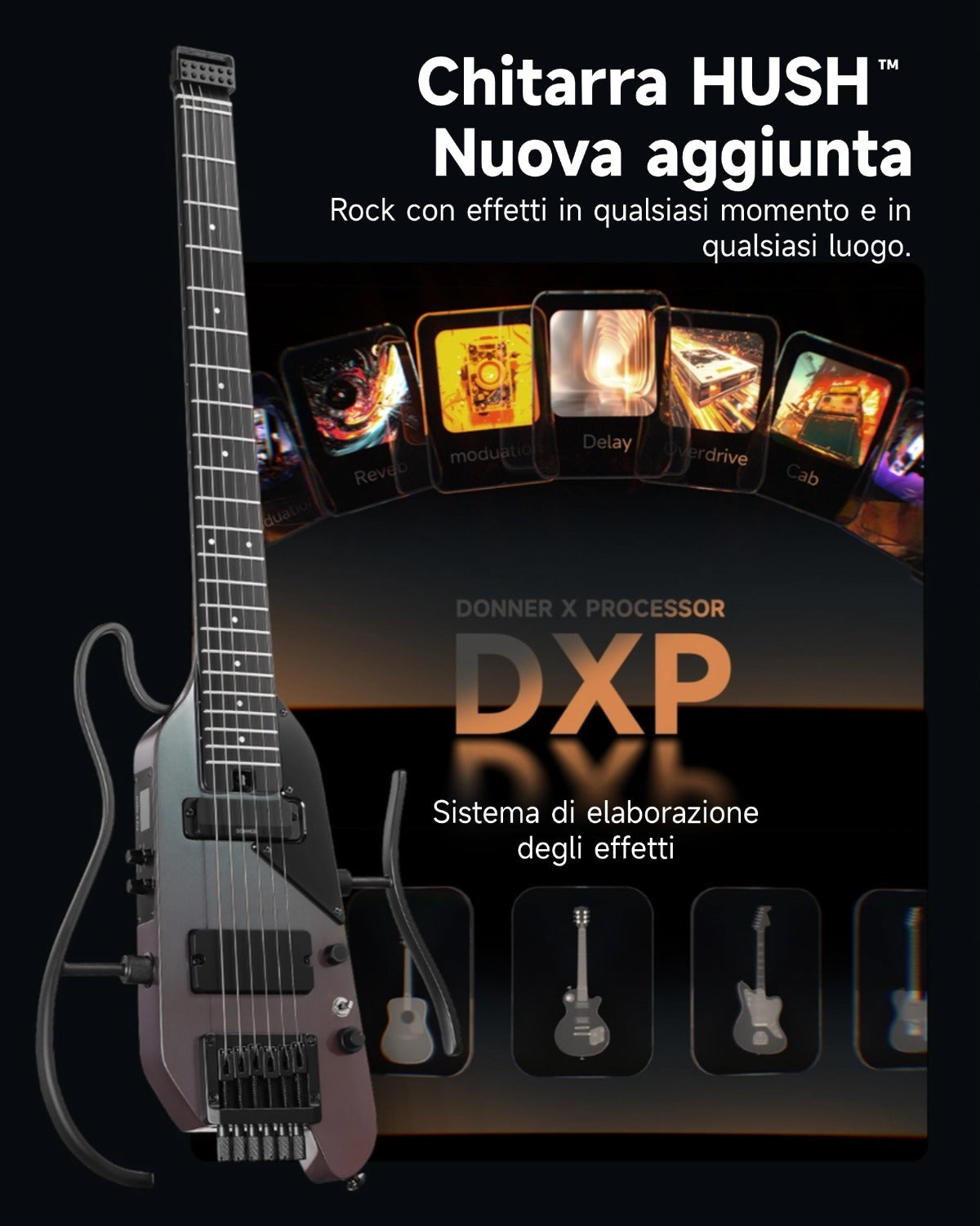 Donner HUSH™ X PRO Chitarra da viaggio versatile-Midnight Glow##