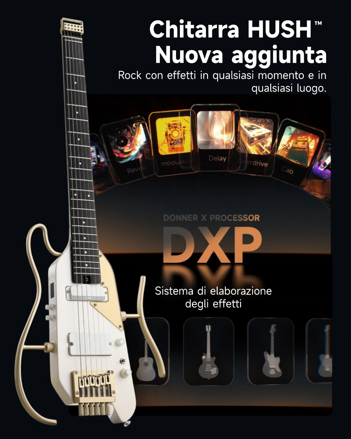Donner HUSH™ X PRO Chitarra da viaggio versatile-White-Luxe##