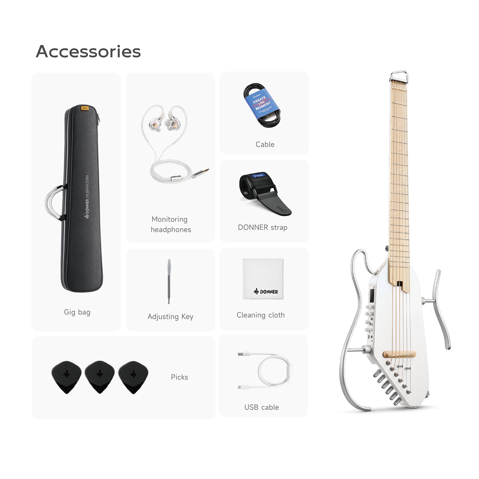 Donner HUSH-I Pro Chitarra Modalità di suono multiple Chitarra da viaggio-Bianco##